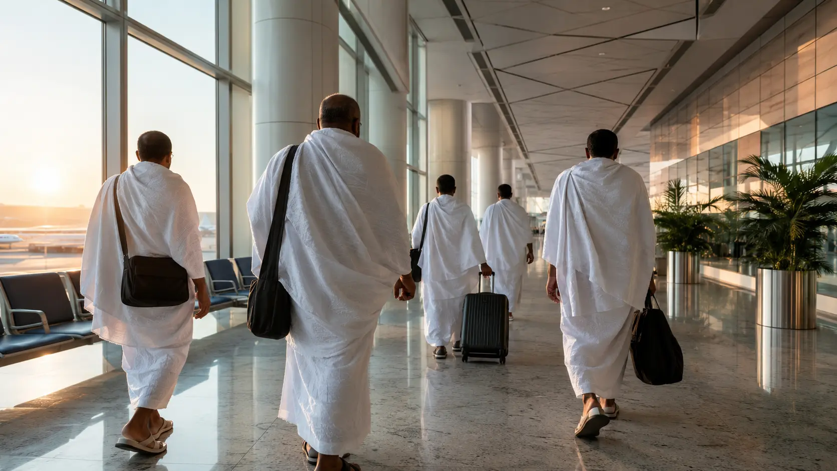 Hava alanında uçaklarına giden ihram giymiş umre yolcuları