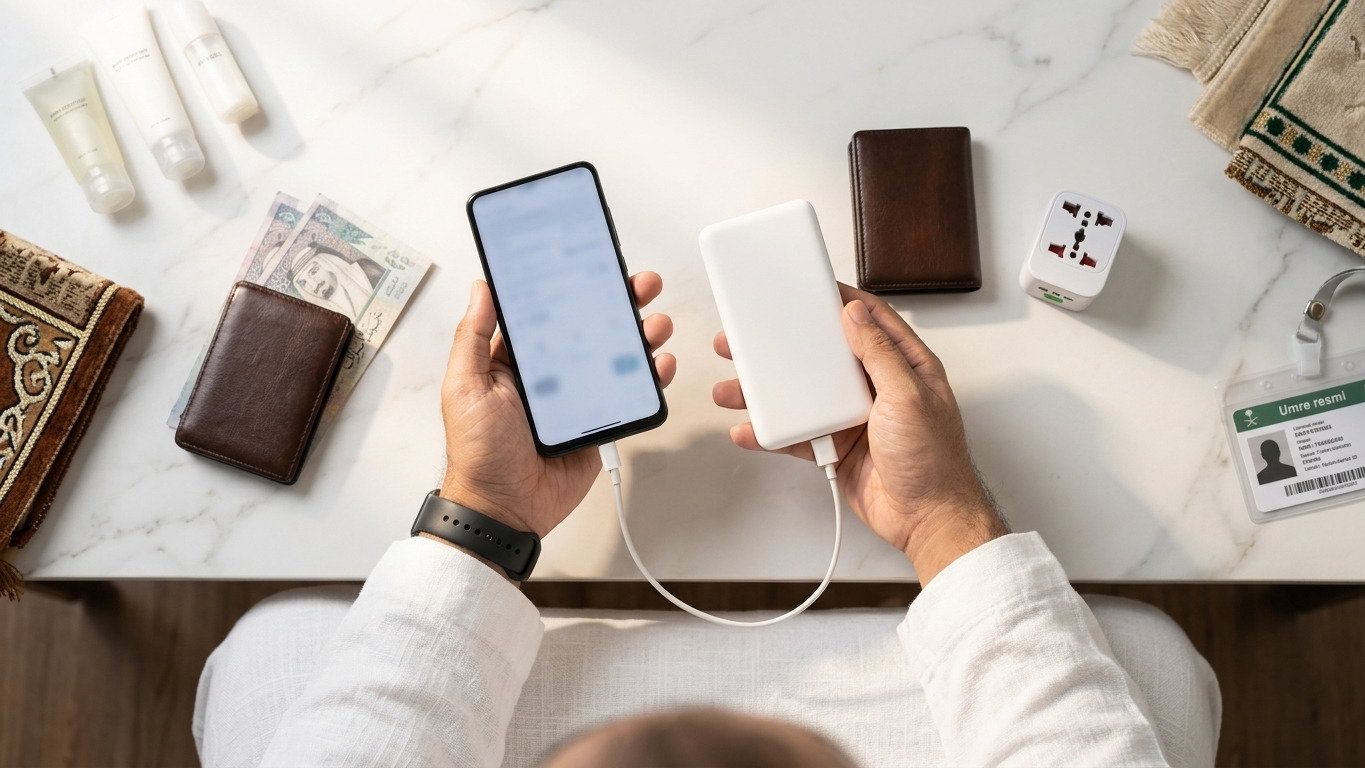 Umre yolculuğu i&ccedil;in telefon, powerbank ve priz &ccedil;evirici hazırlığı.